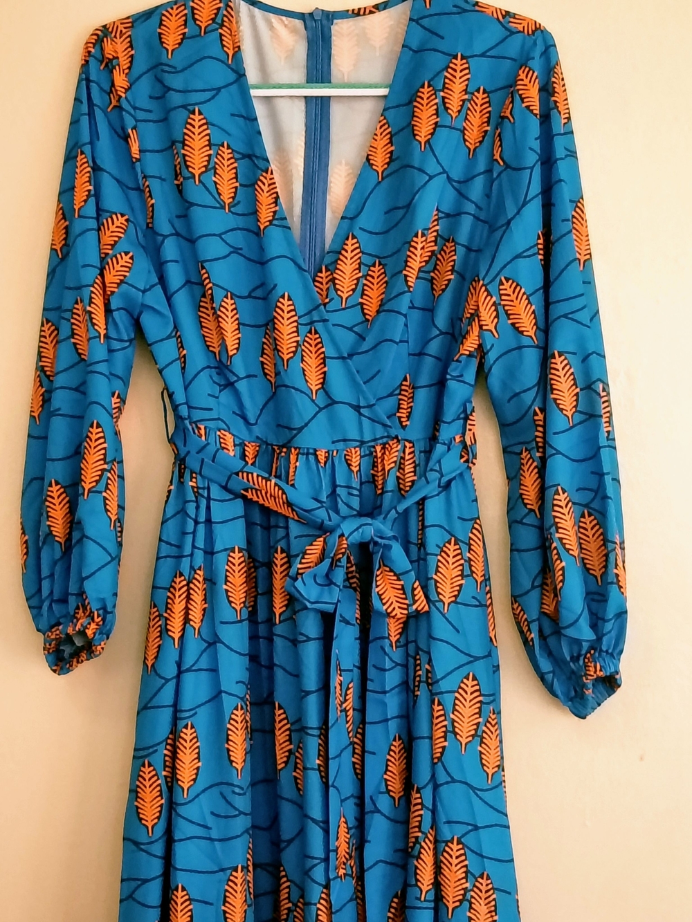 Blue & Orange Printed V-Neck Midi Dress with Tie Waist